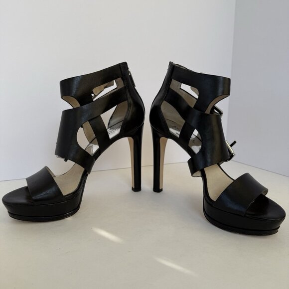 Michael Kors Lucinda Black Leather Zip Back Open Toe Heels Shoes - Picture 13 of 15